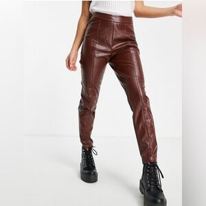 ASOS Pieces Petite high waist faux leather pants in brown